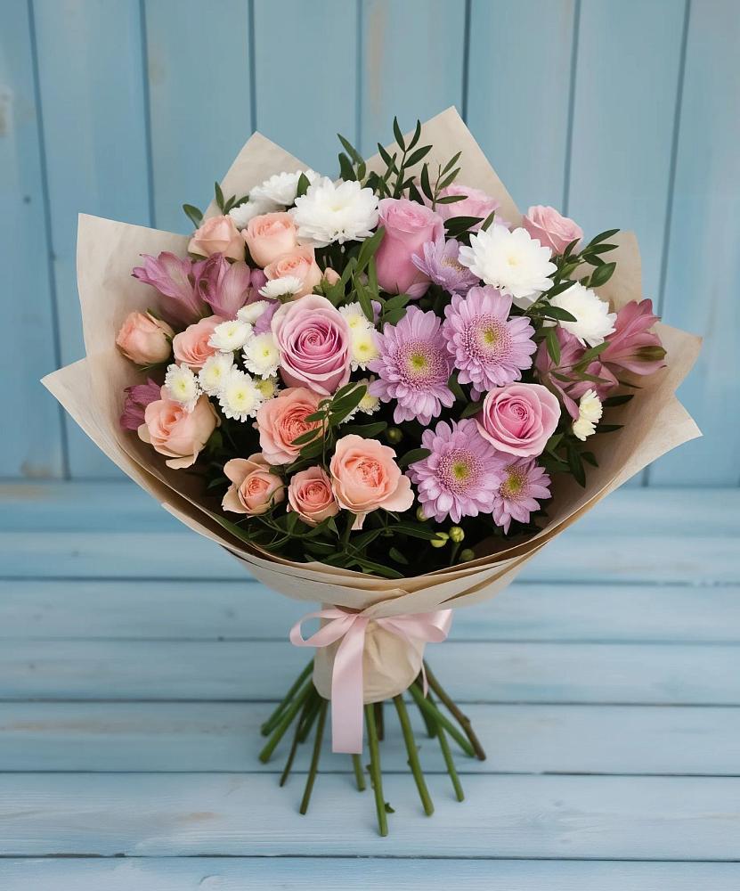 Букет цветов из: Хризантемы, Розы и Альстромерии в Сафоново Смоленской области