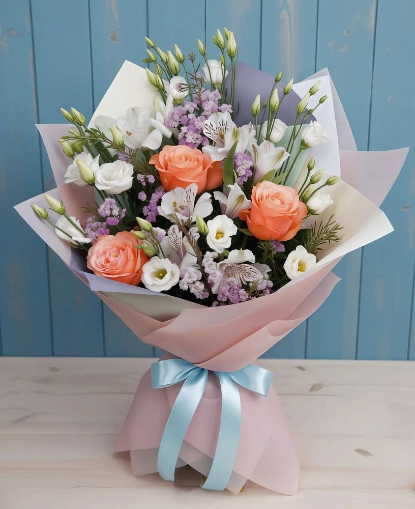 Букет цветов из: Лизиантусы, Розы, Альстромерии и Гипсофила в Сафоново Смоленской области