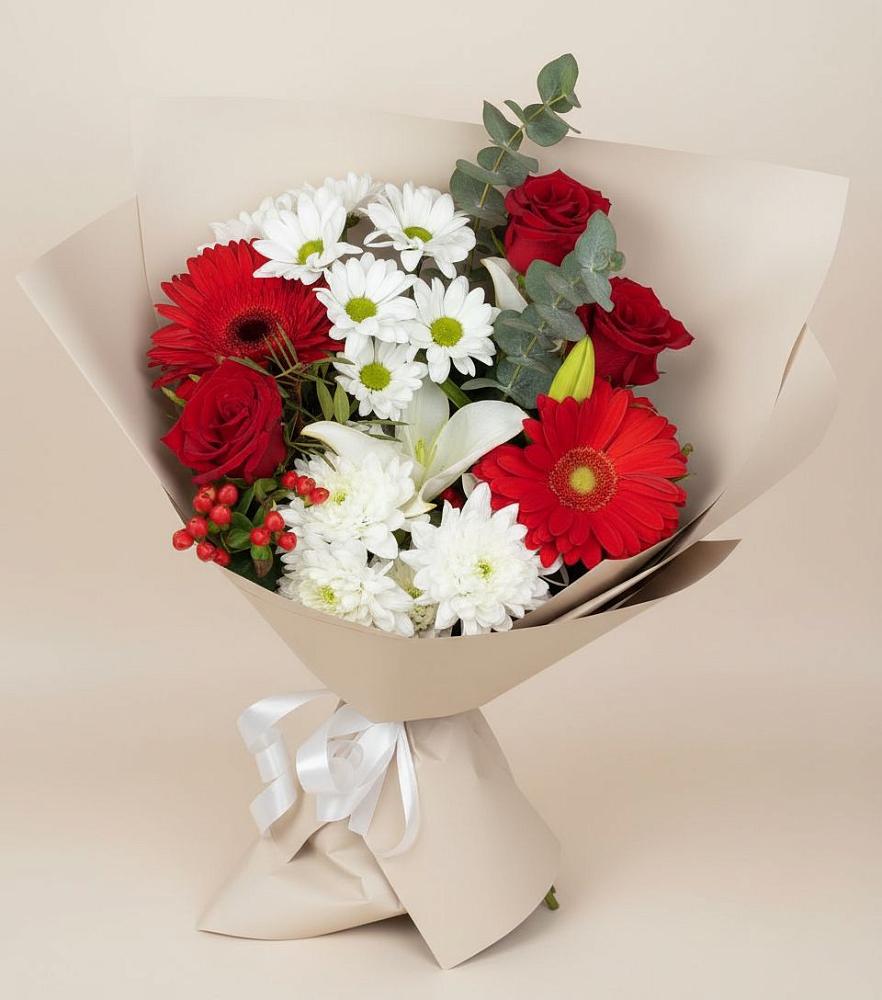 Букет цветов из: Розы, Хризантемы, Герберы и Лилии в Сафоново Смоленской области