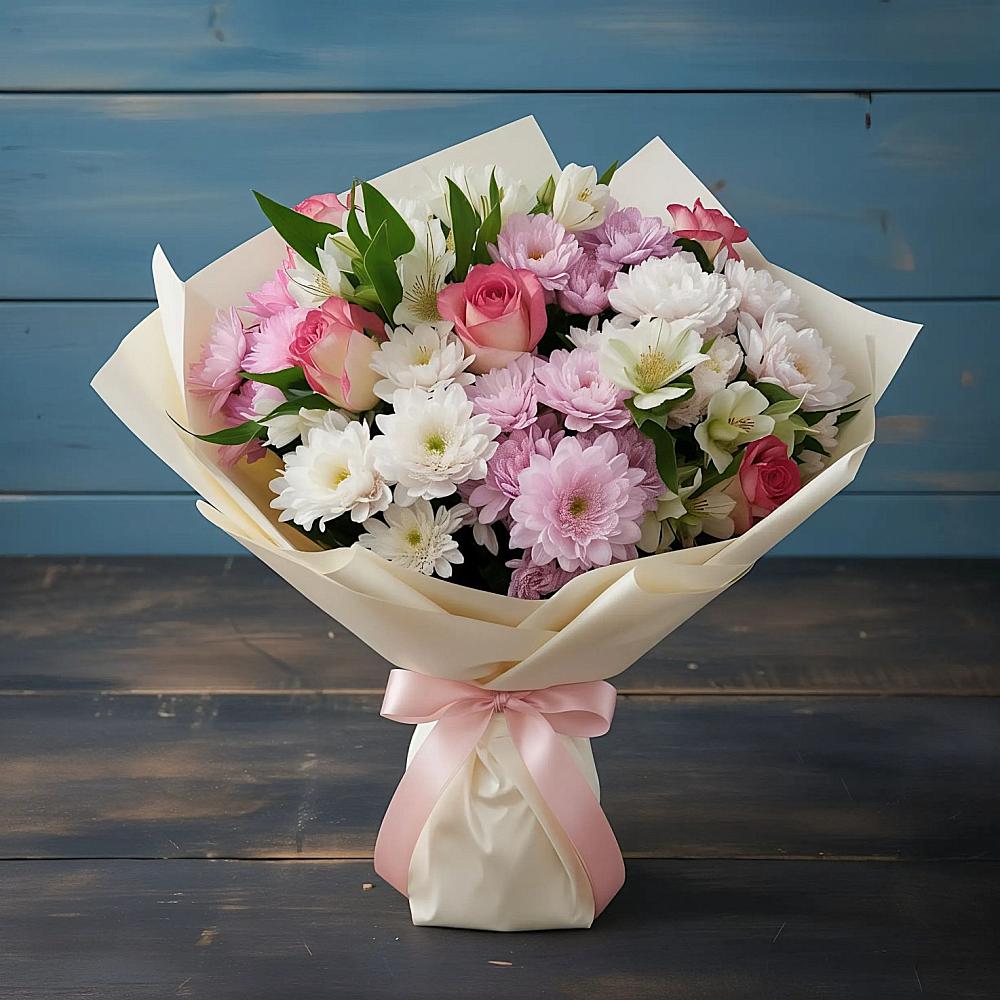 Букет цветов из: Хризантемы, Альстромерии и Розы в Сафоново Смоленской области